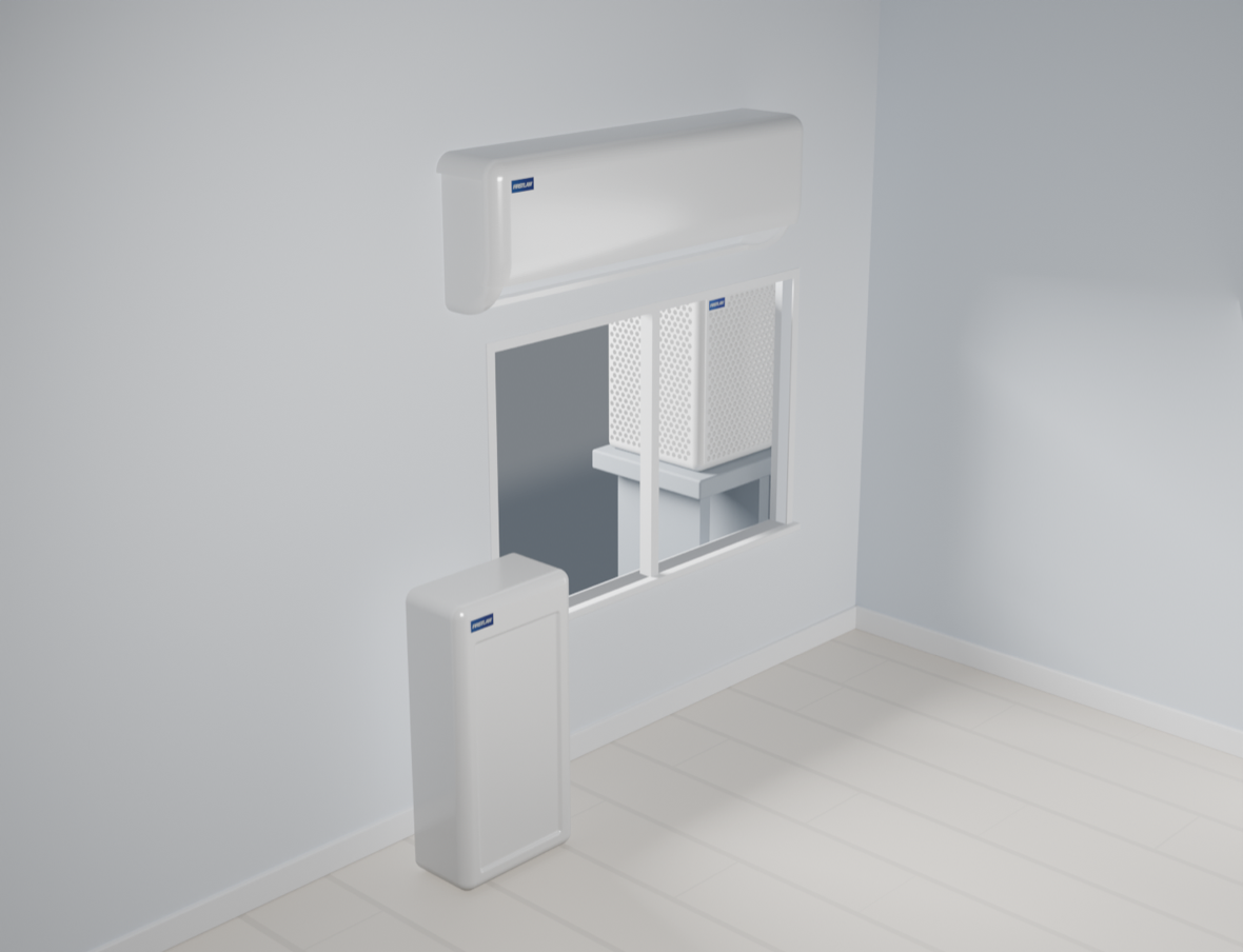 Le bibloc FirstLaw dans un appartement : une unité intérieure montée en haut du mur, le stockage thermique au sol et l'unité extérieure visible par la fenêtre