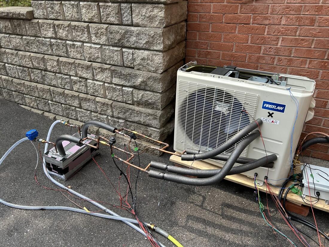 The instrumented outdoor unit on the test wall, sensor harness running back to the logger.