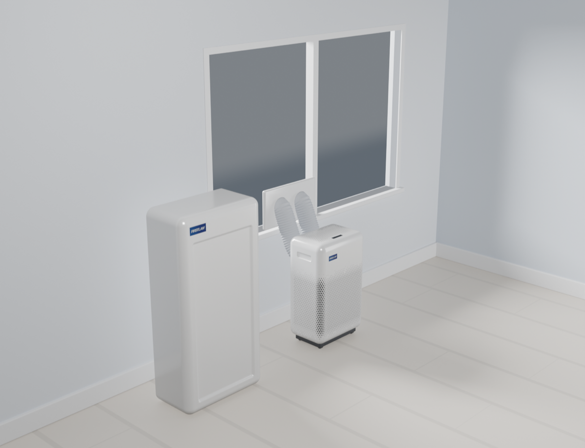 Le portatif FirstLaw dans un appartement : la machine sur roulettes qui évacue par une fenêtre avec deux tuyaux, et le stockage thermique à côté